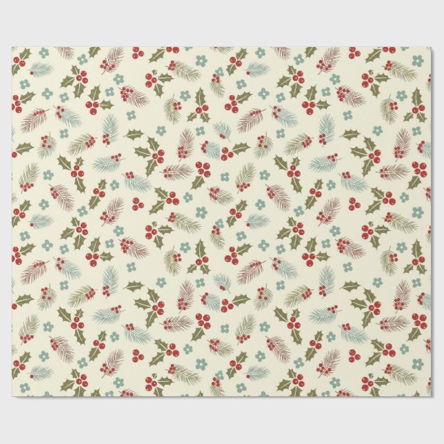 Papel De Regalo Christmas Holly Berries & Pine Seamless Pattern (Superficie plana)