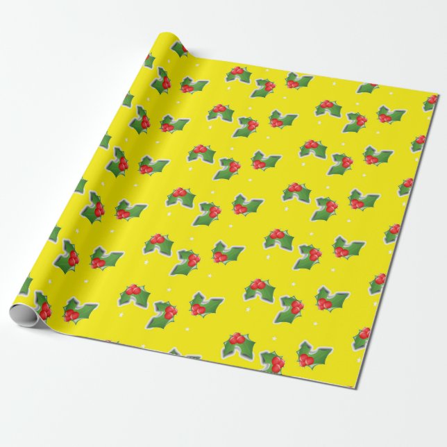 Papel De Regalo Christmas holly on yellow (Desenrollado)