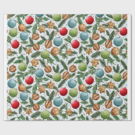 Papel De Regalo Christmas Ornaments & Pine Pattern