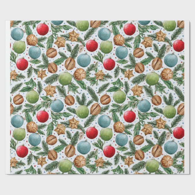 Papel De Regalo Christmas Ornaments & Pine Pattern (Superficie plana)