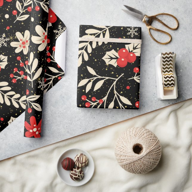 Papel De Regalo Christmas Pattern Red Holy White Leaves (Artesanía)