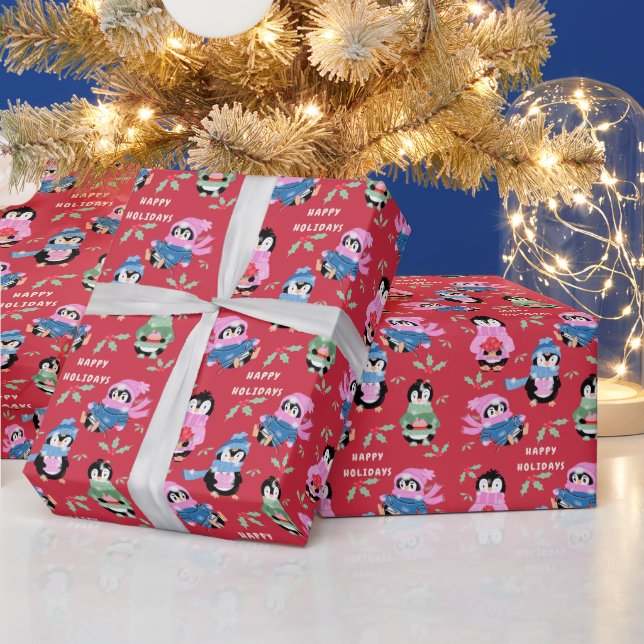 Papel De Regalo Christmas Penguins Crew Red Holiday Wrapping Paper (Vacaciones)