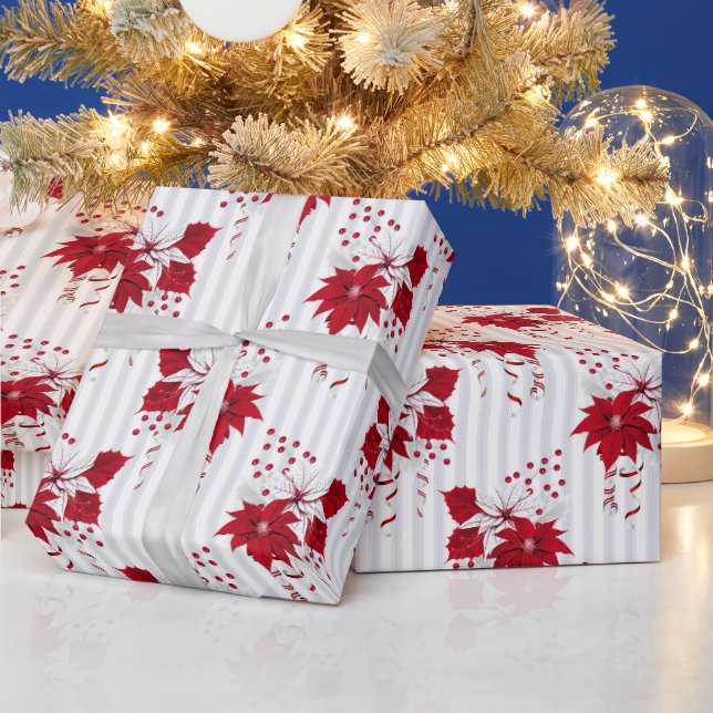 Papel De Regalo Christmas Peppermint | Candy Cane Poinsettia Holly (Vacaciones)