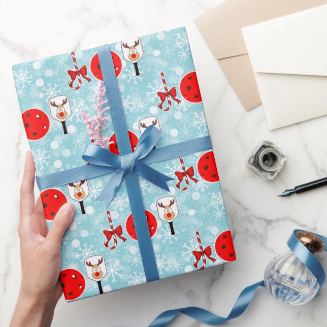 Papel De Regalo Christmas Pickleball Paddle Joy Snowflakes on Blue (Regalar)