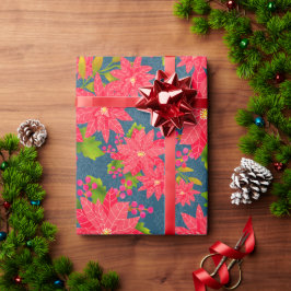 Papel De Regalo Christmas Poinsettia Blue