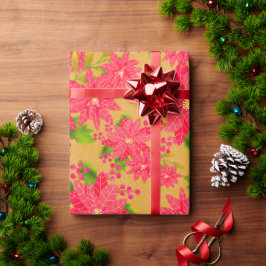 Papel De Regalo Christmas Poinsettia Gold Orange