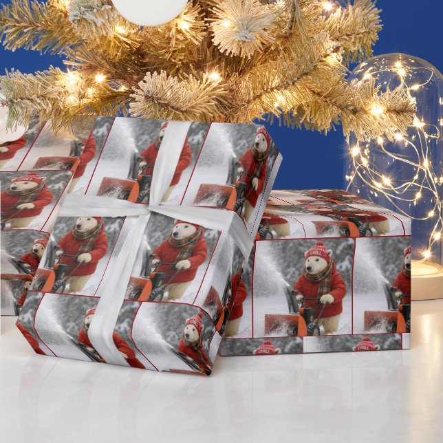 Papel De Regalo Christmas Polar Bear Pushing a Snowblower (Vacaciones)