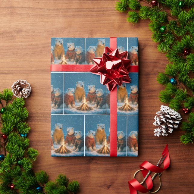 Papel De Regalo Christmas Polar Bears Around a Bonfire (Regalo de vacaciones)