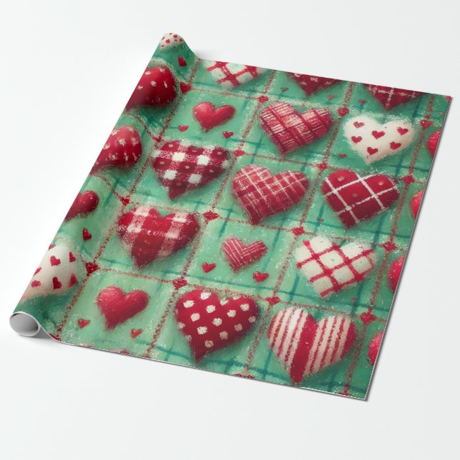 Papel De Regalo Christmas Quilted Hearts Green Red White  (Desenrollado)