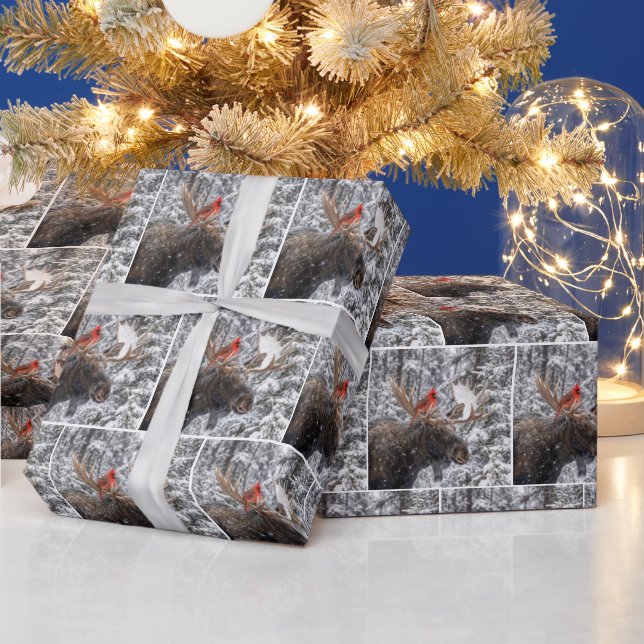Papel De Regalo Christmas Red Cardinal On Snowy Moose Antlers (Vacaciones)