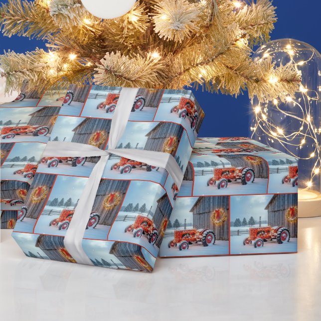 Papel De Regalo Christmas Red Farm Tractor In Snow (Vacaciones)