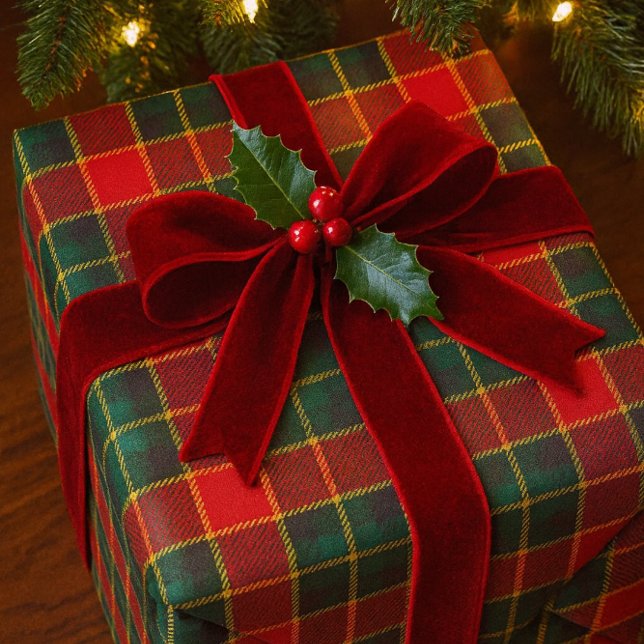 Papel De Regalo Christmas Red Green Tartan Glossy Holiday  (Wrapped in tartan and velvet, this gift glows with holly charm beneath twinkling Christmas lights.)