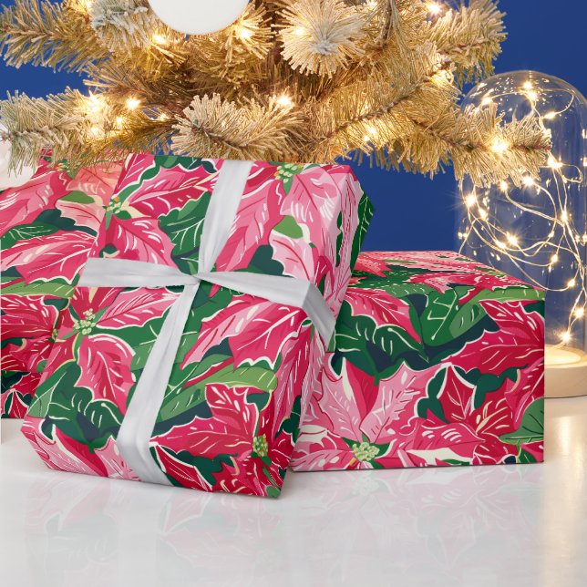 Papel De Regalo Christmas Ruby Pink Poinsettia N Leaves Pattern (Vacaciones)