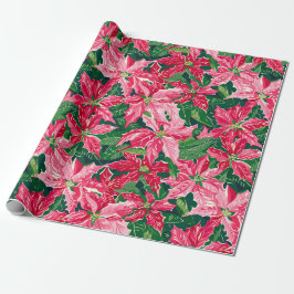 Papel De Regalo Christmas Ruby Pink Poinsettia N Leaves Pattern