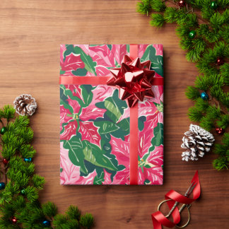 Papel De Regalo Christmas Ruby Pink Poinsettia N Leaves Pattern