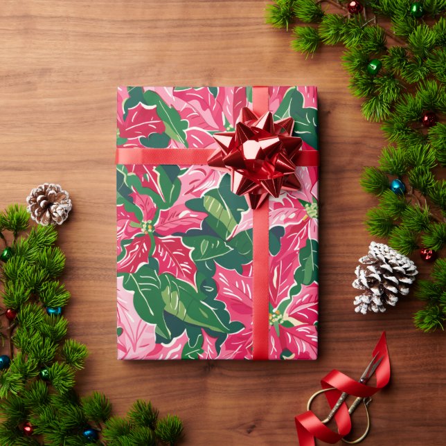 Papel De Regalo Christmas Ruby Pink Poinsettia N Leaves Pattern (Regalo de vacaciones)