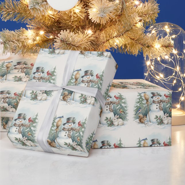 Papel De Regalo Christmas Snowman and Forest Birds, Animals  (Vacaciones)