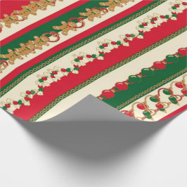 Papel De Regalo Christmas Stripes Gingerbread & Ornaments Pattern