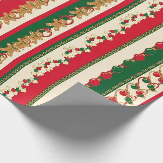Papel De Regalo Christmas Stripes Gingerbread & Ornaments Pattern (Esquina)