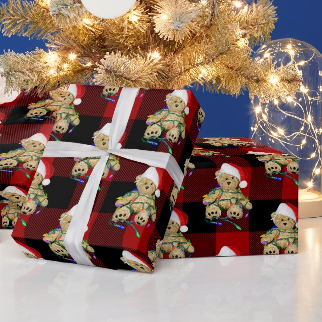 Papel De Regalo Christmas Teddy Bears On Buffalo Plaid (Vacaciones)