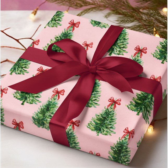 Papel De Regalo Christmas Tree with Red Bow | Pink Wrapping Paper (Subido por el creador)