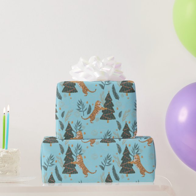 Papel De Regalo Christmas trees & tigers pattern Blue background (Regalos de fiesta)