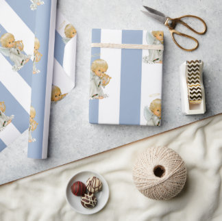 Papel De Regalo Christmas Wrapping Blue & White Stripe Angel Baby