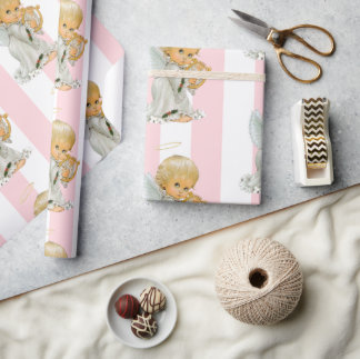 Papel De Regalo Christmas Wrapping Pink & White Stripe Angel Baby