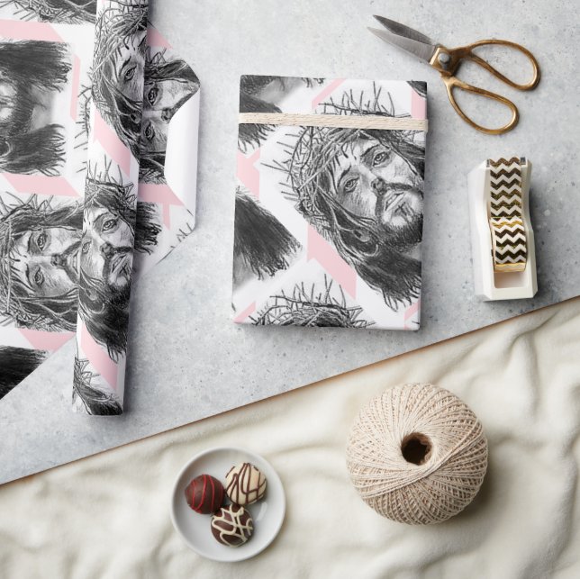 Papel De Regalo Christmas Wrapping Pink &White Stripe Jesus Christ (Artesanía)