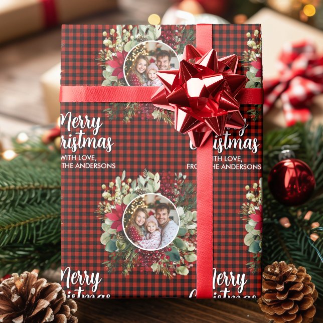 Papel De Regalo Christmas Wreath Plaids Family Photo Personalized (Christmas Wreath Plaids Family Photo Personalized Wrapping Paper)