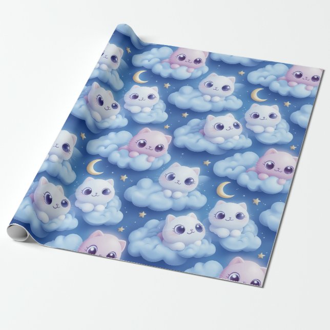 Papel De Regalo "Chubby Kawaii Gats and Clouds 3D Seamless Pattern (Desenrollado)