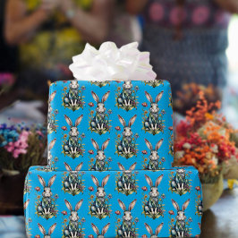 Papel De Regalo Cielo Azul Cute Acuarela Conejo Floral Pascua