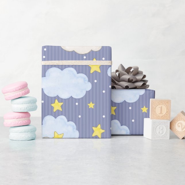 Papel De Regalo Cielo Azul Estrellas Y Nubes (Baby Shower)