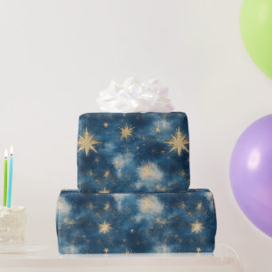 Papel De Regalo Cielo Cumpleaños Estrellas Brillantes Dorado Azul