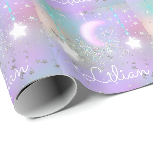 Papel De Regalo Cielo nocturno pastel luna estrellas brillantes  (Esquina del rollo)