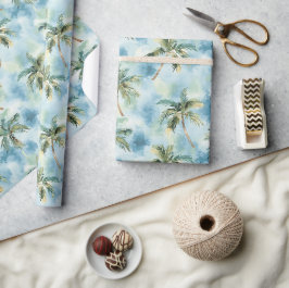 Papel De Regalo Cielos Azules Isla Tropical Palmeras Cumpleaños