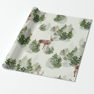 Papel De Regalo Ciervo acuarela y bosque de pino brumoso