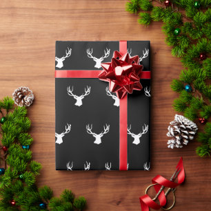 Papel De Regalo ciervo alce venado caza negro blanco Navidad
