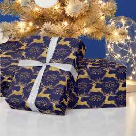 Papel De Regalo Ciervo de cuero dorado navidad azul marino