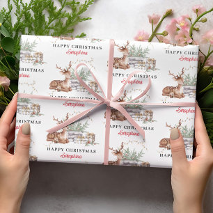 Papel De Regalo Ciervo de Navidad Feliz Navidad Nombre Personaliza