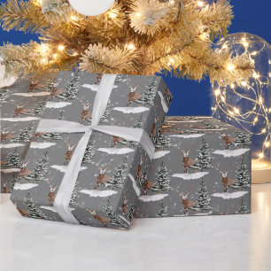 Papel De Regalo Ciervo de nieve y pino