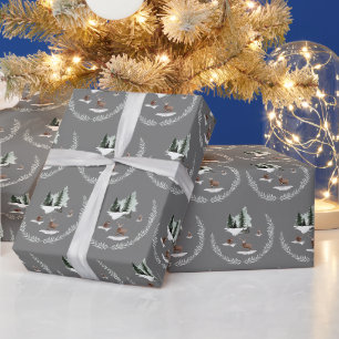 Papel De Regalo Ciervo de nieve y pinos