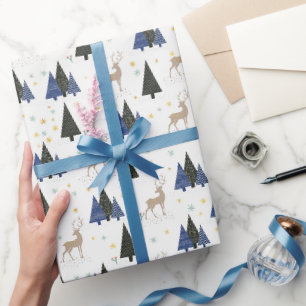 Papel De Regalo Ciervo del bosque escandinavo y árboles de Navidad
