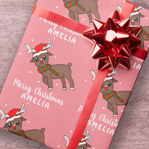 Papel De Regalo Ciervo Lindo con Gorro de Santa Rosa Niños 