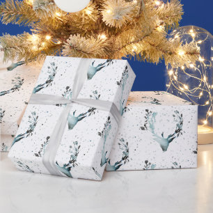 Papel De Regalo Ciervo Mágico de Invierno Plateado Azul Navidad