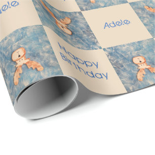 Papel De Regalo Ciervo Reno Lindo Azul Feliz Cumpleaños Niños