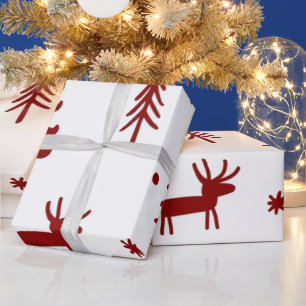 Papel De Regalo Ciervo Rojo en Ilustración de Bosque Navidad Blanc