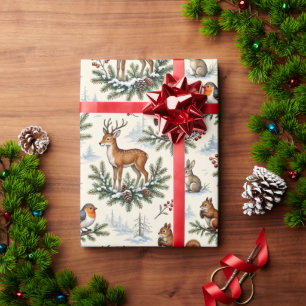 Papel De Regalo Ciervo, Zorro, Conejo y Navidad Bosque Invernal