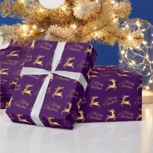 Papel De Regalo Ciervos de Navidad de Purpura y Dorado