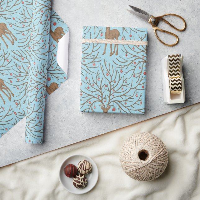 Papel De Regalo Ciervos de Navidad sobre azul (Artesanía)